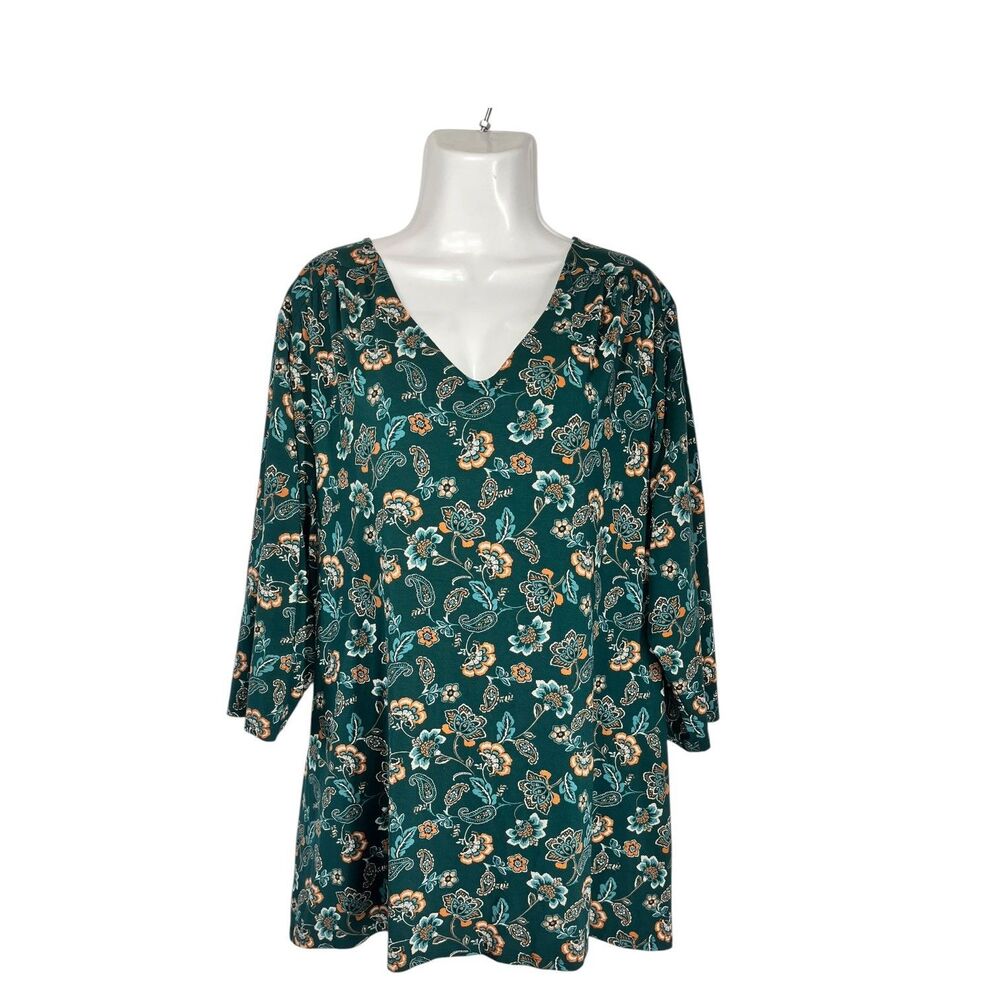 J. Jill Wearever Top 2X Green Floral Paisley V-Neck 3/4 Sleeve Tunic Knit Shirt